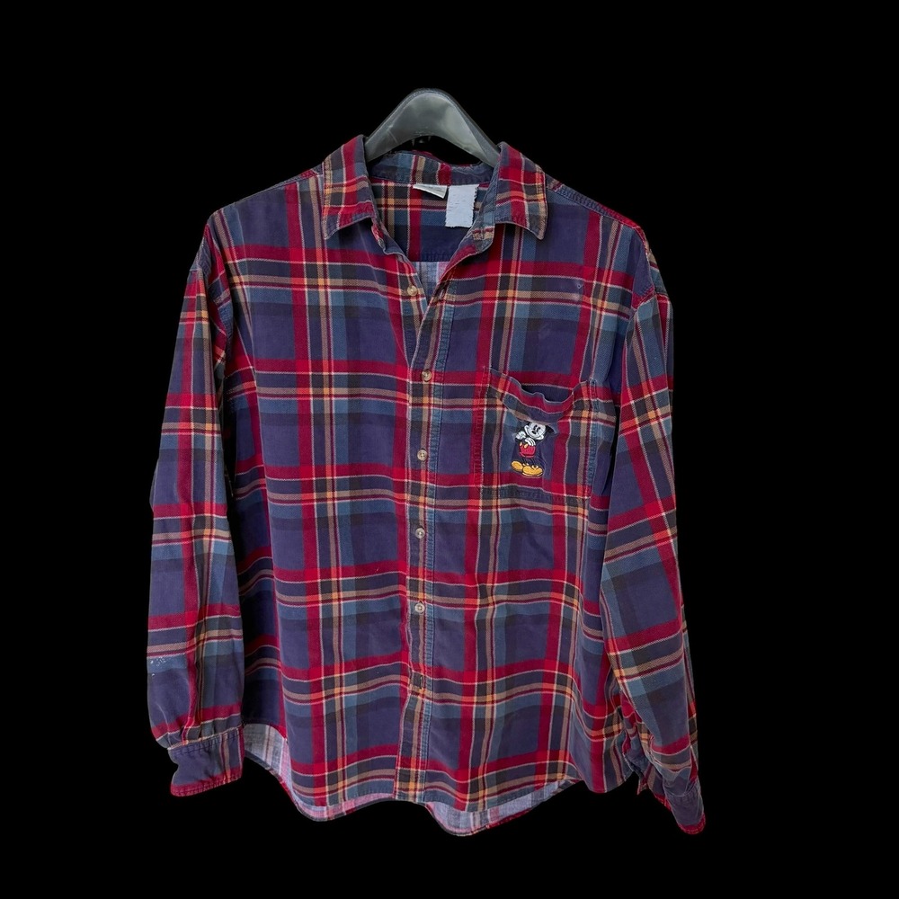 90's Disney Mickey Mouse Plaid Corduroy Shirt Unisex XL Navy Burgundy Button Up